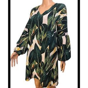 Belongsci Green Tropical Leaf Shift Dress Size Medium